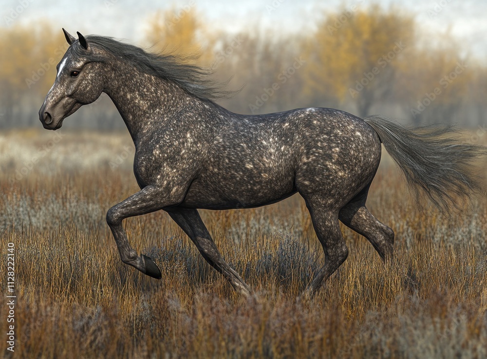 A galloping horse in a serene, autumn landscape with golden trees in the background. A galloping horse in a serene, autumn landscape with golden trees in the background.