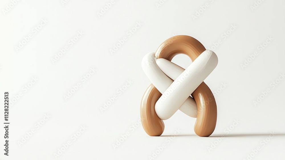 A stylized, intertwined sculpture featuring brown and white forms on a minimal background. A stylized, intertwined sculpture featuring brown and white forms on a minimal background.