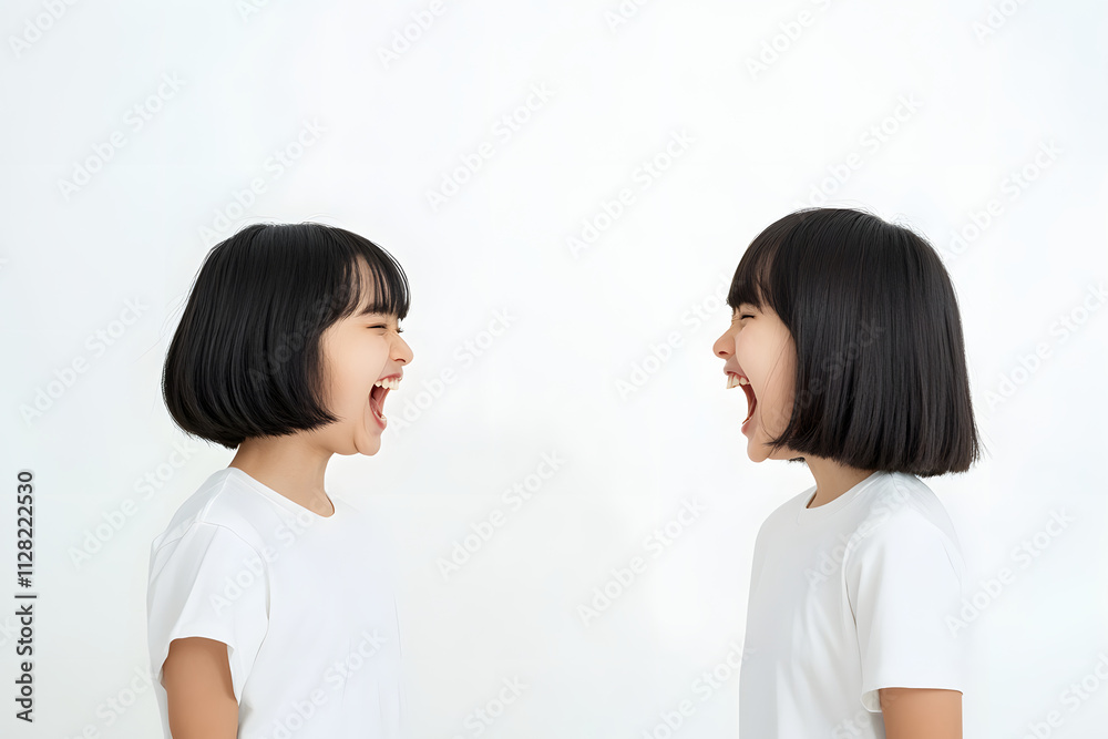 向かい合って笑う双子の日本人の女の子 向かい合って笑う双子の日本人の女の子