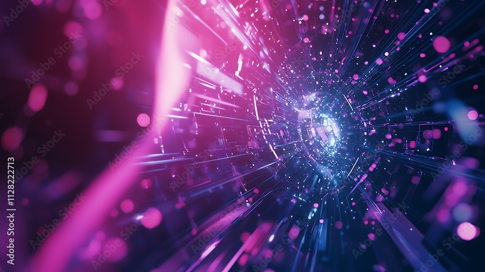 A purple and blue image of a tunnel with a bright light shining through it A purple and blue image of a tunnel with a bright light shining through it