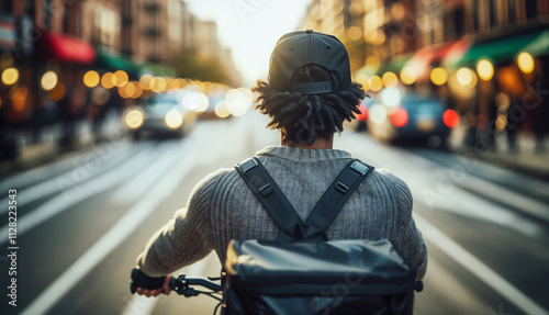 Back view of a cyclist navigating a vibrant urban street