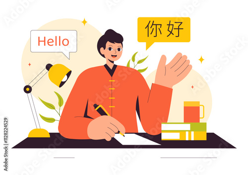 Chinese Language Vector Illustration. Ni hao Translation for Hello, Featuring a School Listening, Reading, and Speaking Course in a Communication