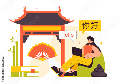 Chinese Language Vector Illustration. Ni hao Translation for Hello, Featuring a School Listening, Reading, and Speaking Course in a Communication