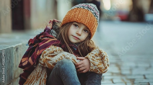 Lonely Homeless Child Sitting on City Street Facing Hardship and Vulnerability