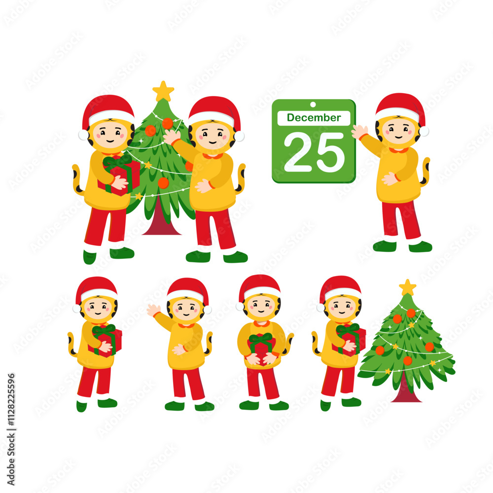 Kids Wearing Tiger Outfit when Christmas Illustration Kids Wearing Tiger Outfit when Christmas Illustration