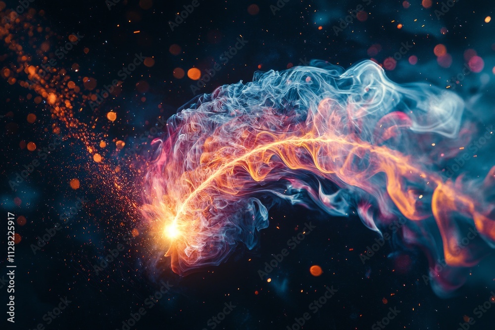 A firecracker roll mid-explosion, with vibrant sparks and trails of smoke against a dark night sky. A firecracker roll mid-explosion, with vibrant sparks and trails of smoke against a dark night sky.