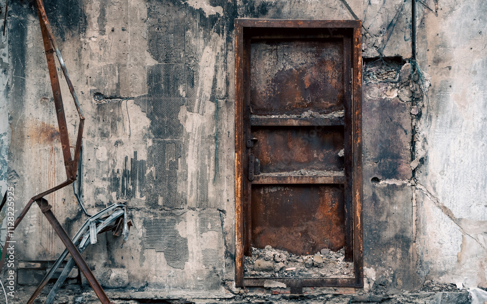 Naklejka premium destroyed and burned houses in the city in Ukraine