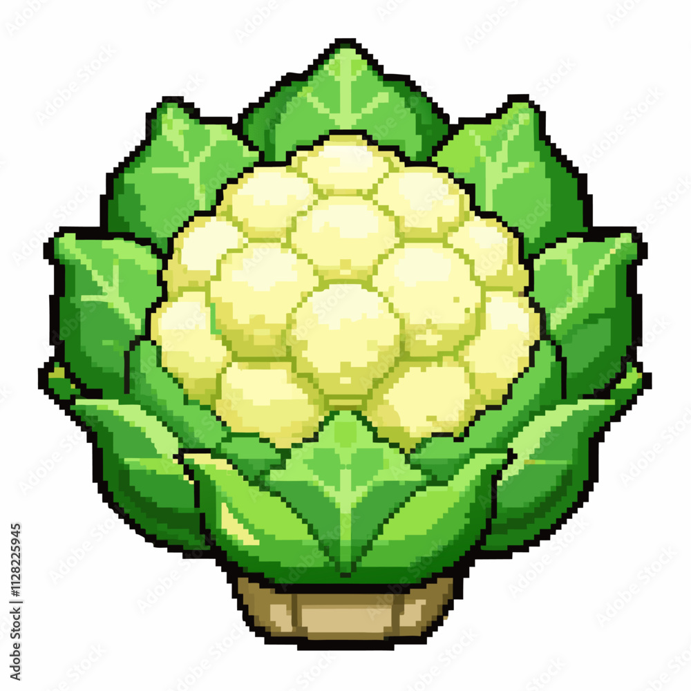 Colorful Pixel Art Cauliflower Illustration with Green Leaves on White Background Colorful Pixel Art Cauliflower Illustration with Green Leaves on White Background