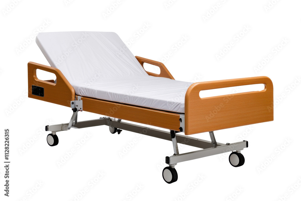 PNG adjustable hospital bed with wooden frame and wheels PNG adjustable hospital bed with wooden frame and wheels