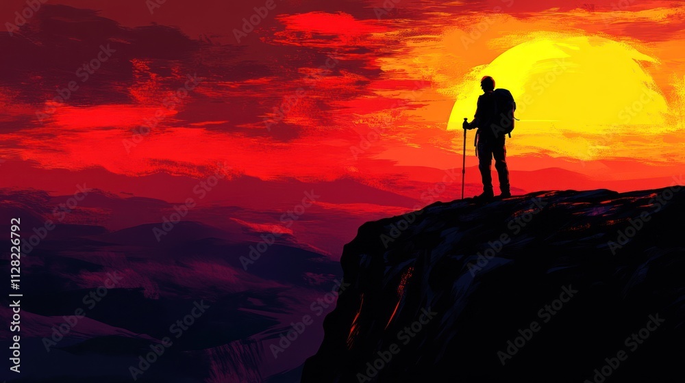Fototapeta premium A silhouette of a hiker against a vibrant sunset, symbolizing adventure and exploration.