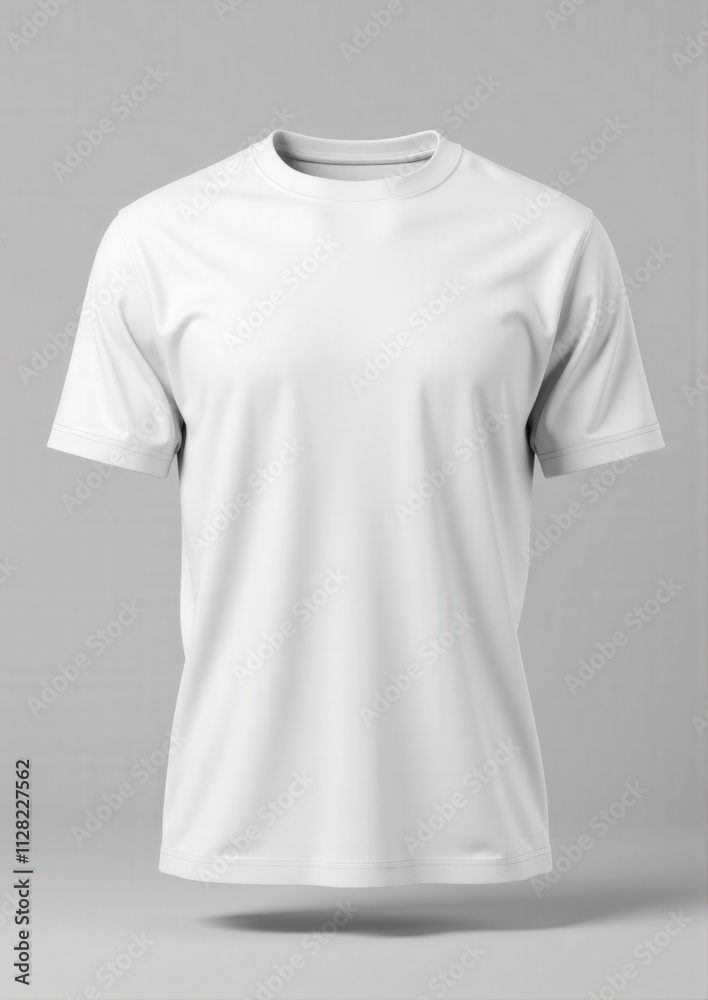 Realistic 3D T-Shirt mockup with short sleeves showcasing subtle folds, blank fabric, and stitching details in a polished and clean design Realistic 3D T-Shirt mockup with short sleeves showcasing subtle folds, blank fabric, and stitching details in a polished and clean design