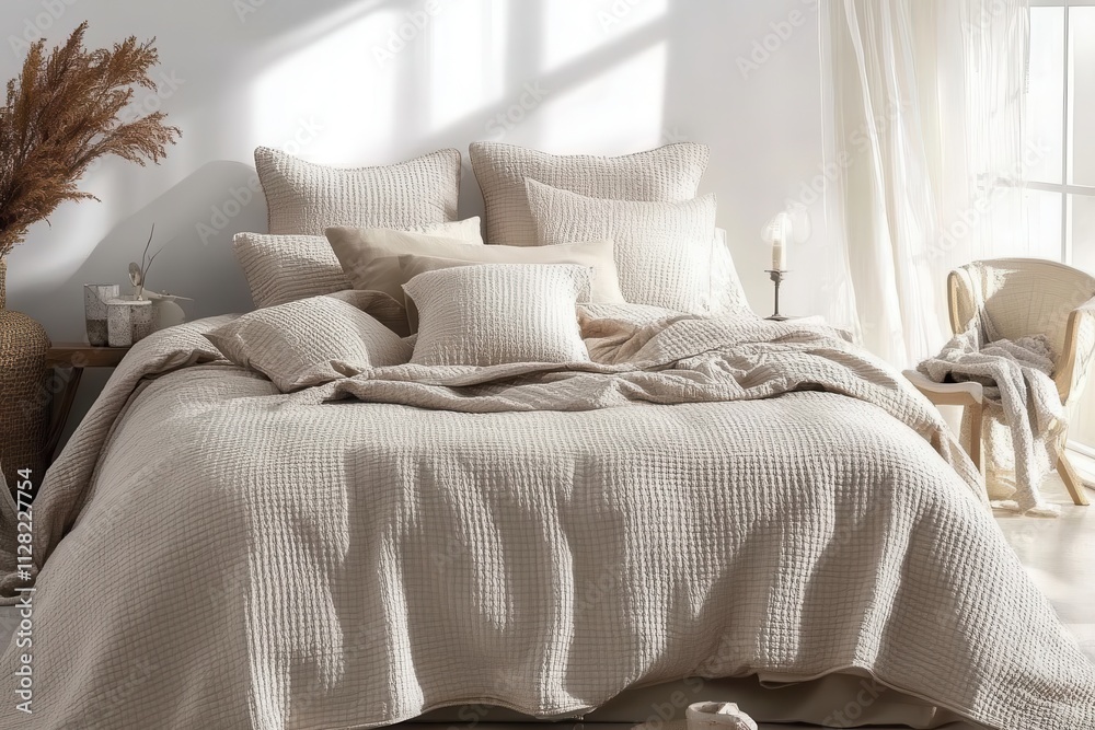 Obraz premium Beige waffle-textured quilt on a bed, with various pillows. Ideal for showcasing bedding, home decor, and relaxation.