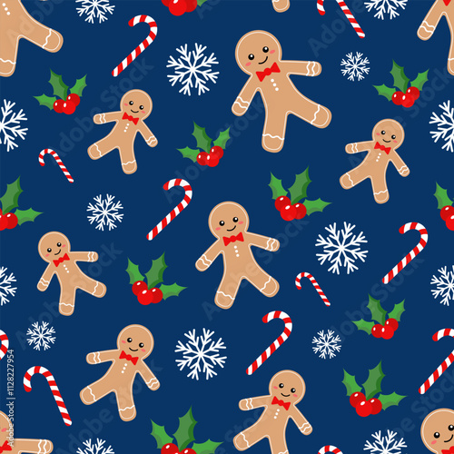 Vector pattern with a gingerbread man, candy cane, snowflake on a blue background