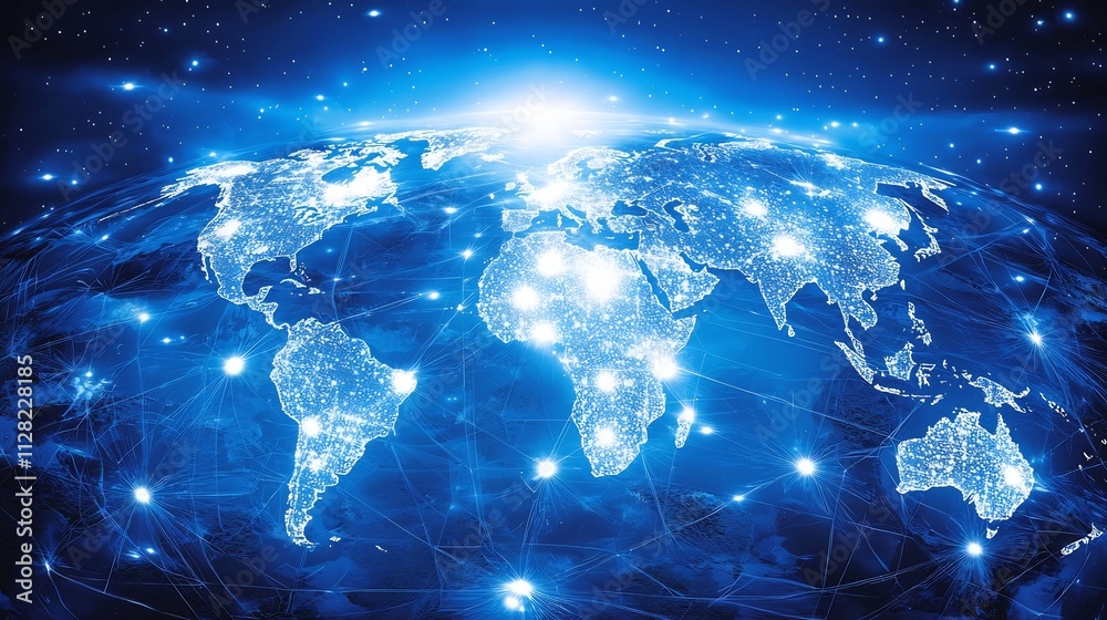 Fototapeta premium Illuminated Global Logistics and Commerce Network on Nighttime World Map