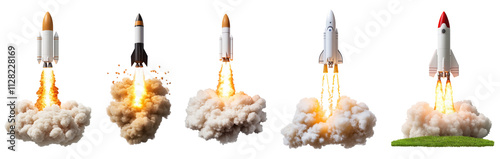 PNG set of rocket launches with fire and smoke effects