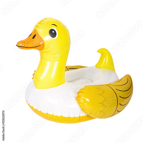 Yellow inflatable duck-shaped pool float with a cheerful face and detailed wings, ready for fun water activities, set against a transparent background photo