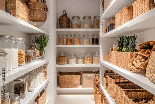 A photo of an organized and minimalist kitchen pantry, with white shelves filled with glass jars for dry goods, baskets on the walls to store fresh produce, natural wood accents