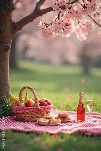 Spring picnic under cherry blossoms, romantic outdoor dining photo