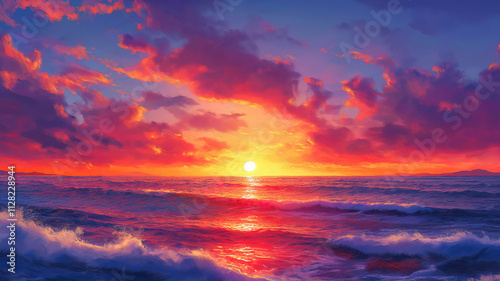 Stunning Sunset Over the Ocean Waves. A vibrant digital painting of a tranquil sunset over a vast ocean.