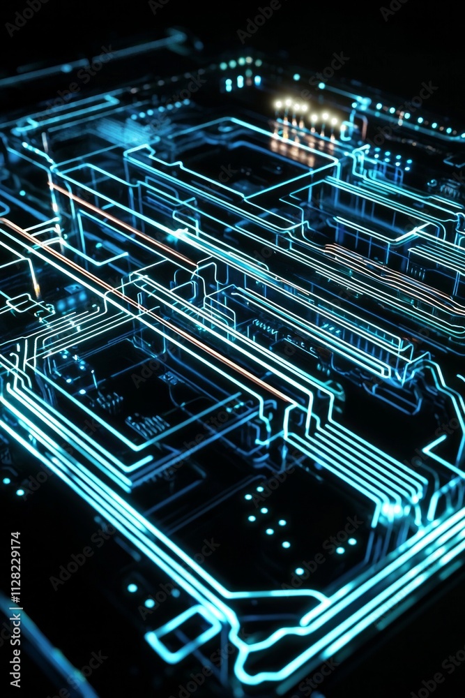 A futuristic circuit board glowing with blue lines on a black background. A futuristic circuit board glowing with blue lines on a black background.