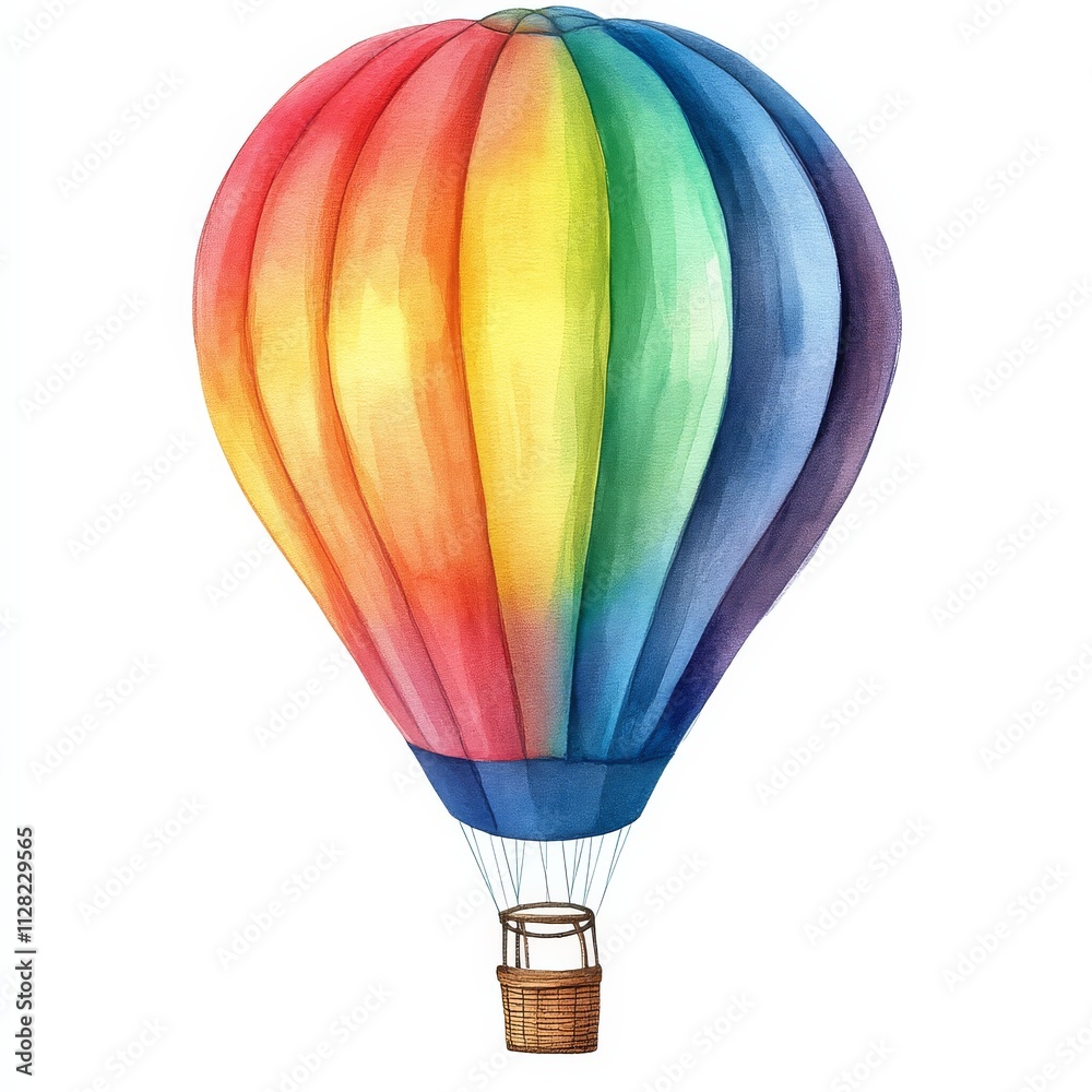 Fototapeta premium A colorful hot air balloon soaring against a white background, showcasing vibrant shades of red, orange, yellow, green, blue, and purple.