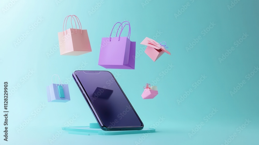 Abstract 3D model of a smartphone with exploding icons of shopping, discounts and digital payment solutions, pastel theme Abstract 3D model of a smartphone with exploding icons of shopping, discounts and digital payment solutions, pastel theme