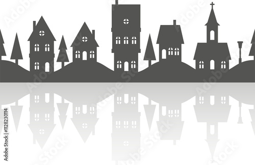 Silhouette of neighborhood houses. Small homes and buildings on skyline. Christmas town and village. Row of cottages on the street with fir trees and church. Seamless border