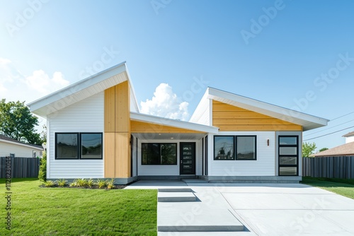 Manufactured home with white walls, light wood accents, and sharp rooflines in a peaceful area.