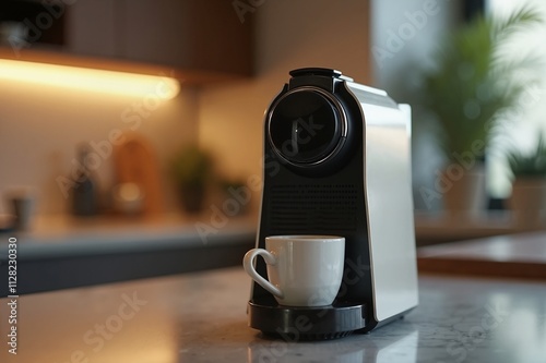 Sleek coffee machine with cup in modern kitchen, convenience
