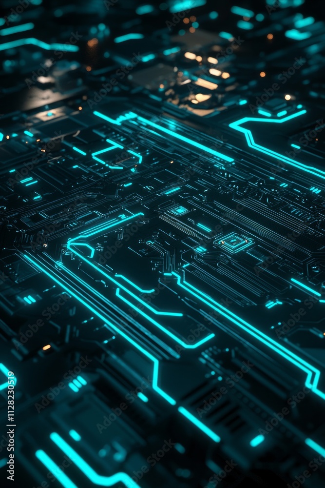 A futuristic circuit board glowing with blue lines on a black background. A futuristic circuit board glowing with blue lines on a black background.