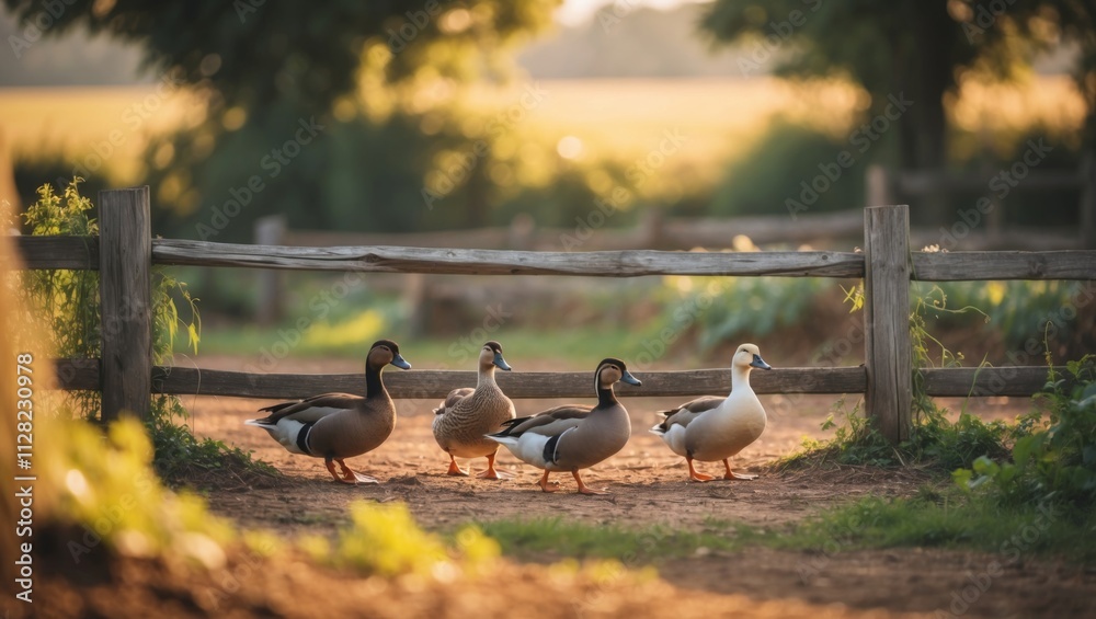 Fototapeta premium Ducks walking along a dirt path at sunset near a wooden fence