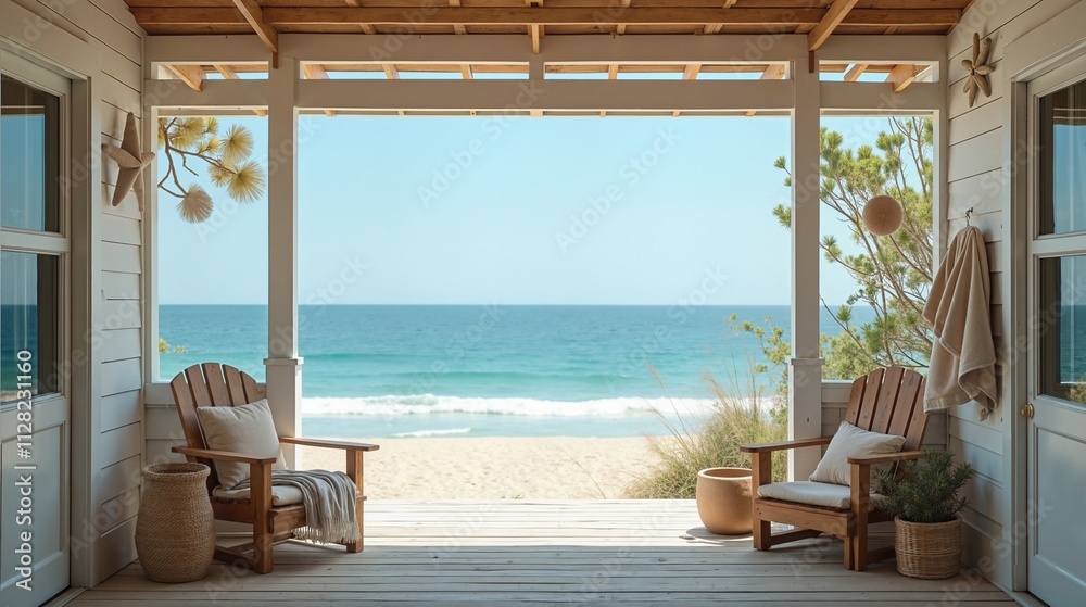 Serene beach house porch overlooking turquoise ocean, relaxation Serene beach house porch overlooking turquoise ocean, relaxation