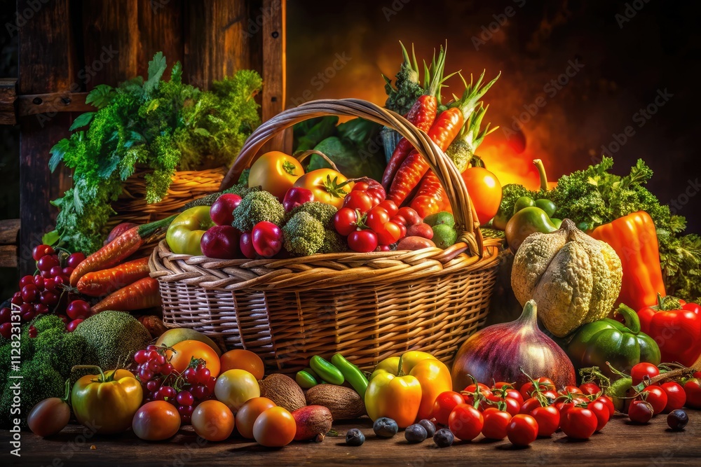 Vibrant night market produce glows, a dramatic still life of fresh fruits and vegetables in the dark. Vibrant night market produce glows, a dramatic still life of fresh fruits and vegetables in the dark.