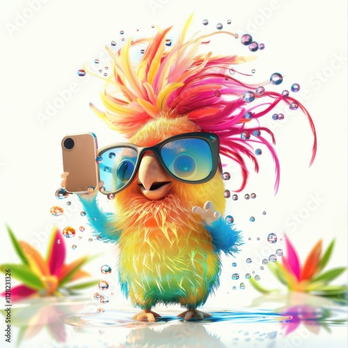 Colorful parrot takes a selfie surrounded by bubbles and tropical flowers
