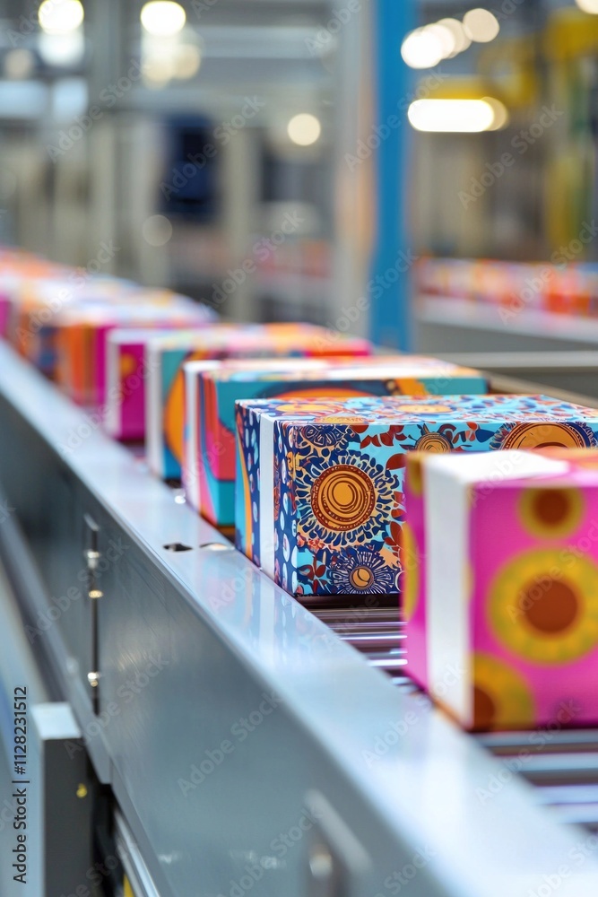 A glossy white conveyor belt carrying vibrant boxes with intricate designs, set against a minimalistic factory background A glossy white conveyor belt carrying vibrant boxes with intricate designs, set against a minimalistic factory background