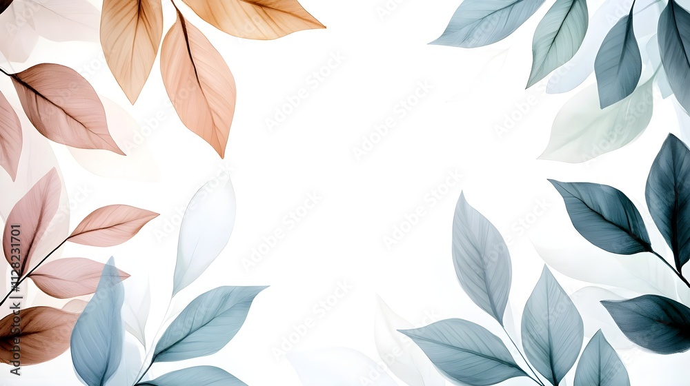 elegant blue & beige leaf frame border - minimalism