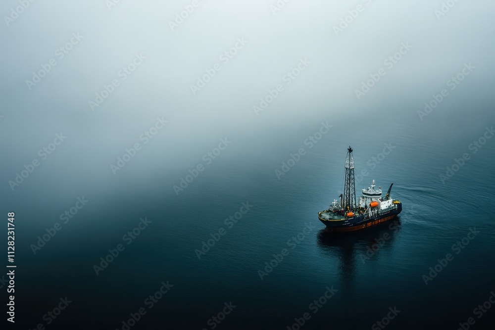 Offshore oil rig in foggy sea. Illustrates energy production, environmental impact. Offshore oil rig in foggy sea. Illustrates energy production, environmental impact.
