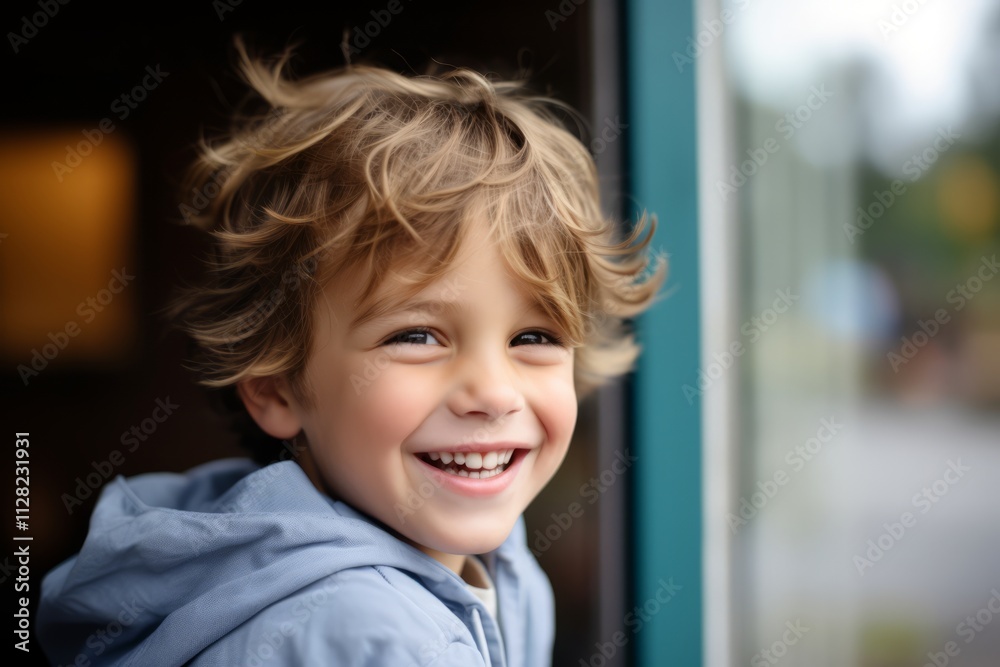 Portrait of a smiling little boy looking out the window at home Portrait of a smiling little boy looking out the window at home