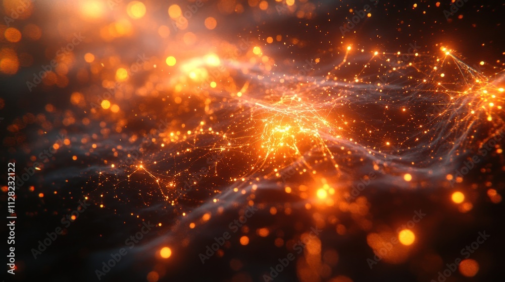 Abstract fiery orange and black glowing particles, network connections, energy, and light streaks. Abstract fiery orange and black glowing particles, network connections, energy, and light streaks.