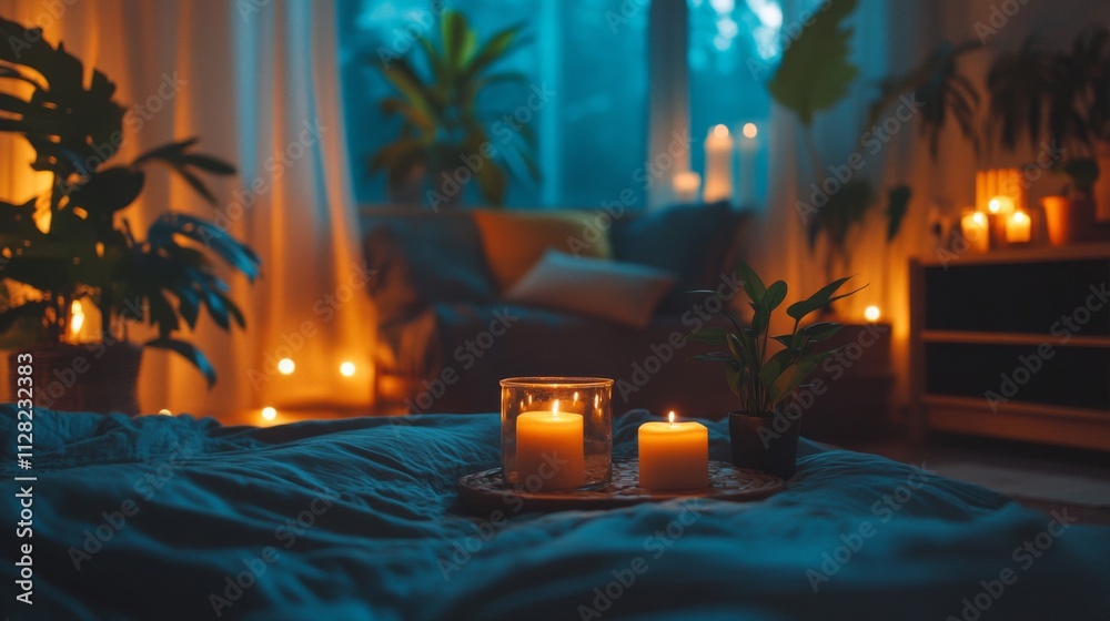 Cozy bedroom scene with candles and plants at night Cozy bedroom scene with candles and plants at night