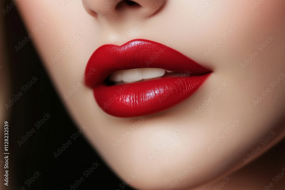 Obraz premium woman's lips are painted red. The lips are very full and the woman is smiling