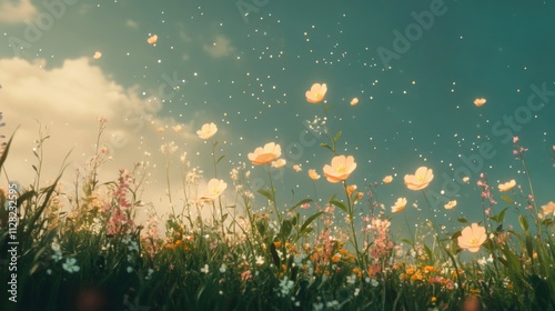Magical Field Of Flowers Floating Gently In Sky