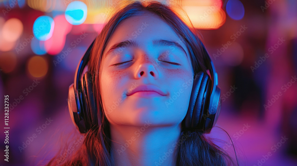 custom made wallpaper toronto digitalHispanic girl with closed eyes listening to music through modern headphones