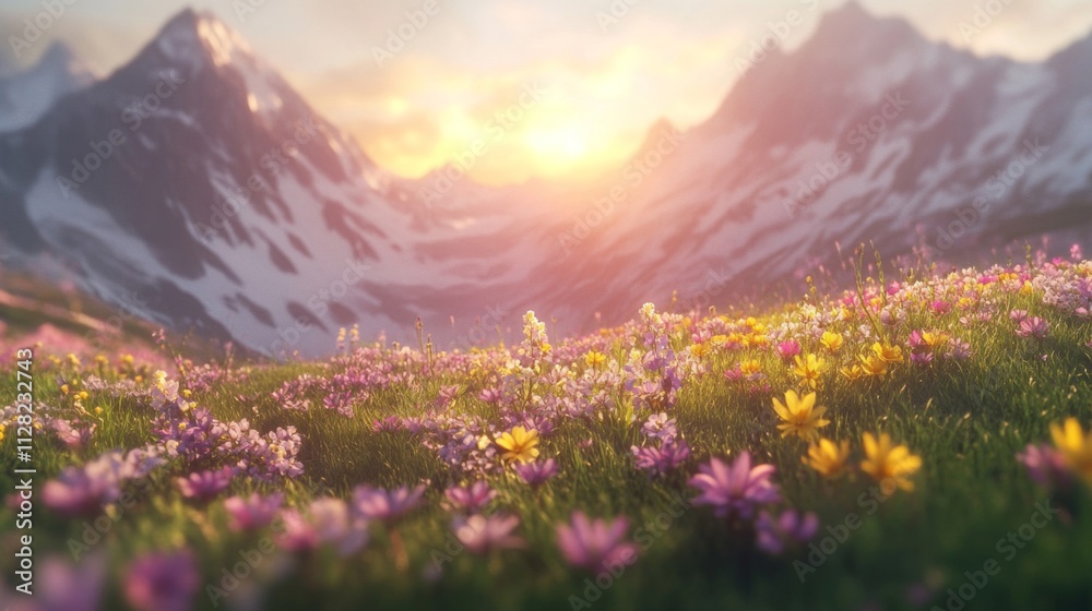 Wildflowers Bloom Vibrantly Against Majestic Mountain Sunset Wildflowers Bloom Vibrantly Against Majestic Mountain Sunset