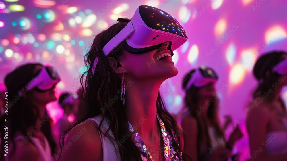 High-tech countdown party, guests wearing VR headsets, exploring imaginative realms, and engaging in digital celebrations