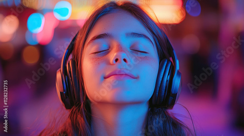 Wallpaper Mural Hispanic girl with closed eyes listening to music through modern headphones Torontodigital.ca