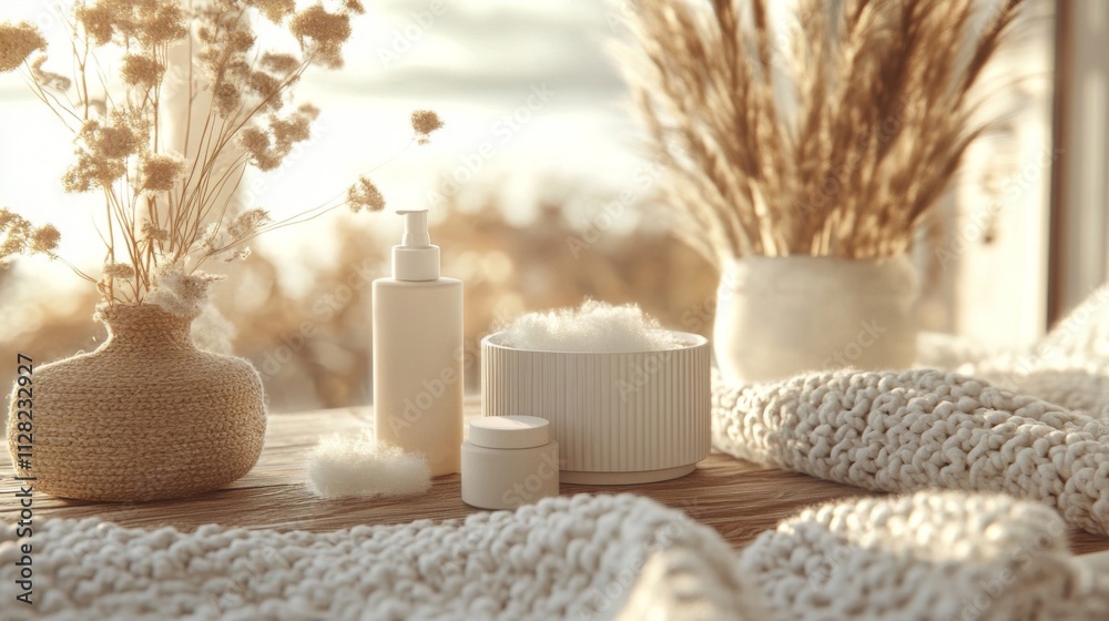 Serene Spa Setting With Natural Elements And Cosmetics Serene Spa Setting With Natural Elements And Cosmetics