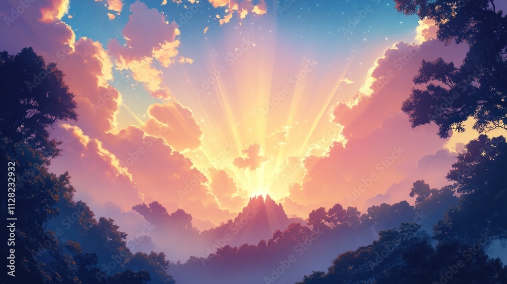 Fototapeta premium A serene landscape featuring a vibrant sunrise behind mountains and lush trees.