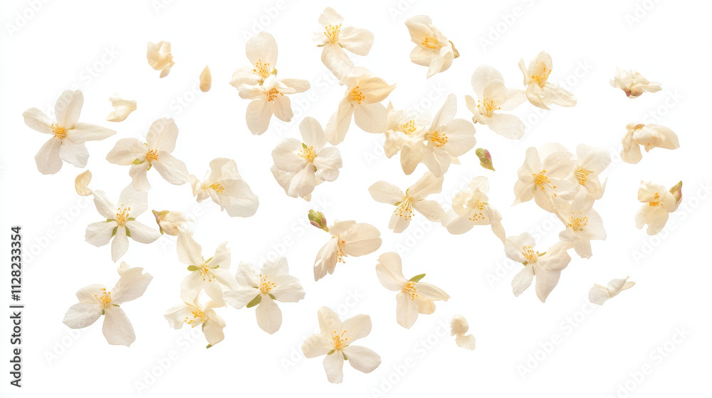 gracefully in the air against a clean white background, capturing their delicate petals and soft fragrance gracefully in the air against a clean white background, capturing their delicate petals and soft fragrance