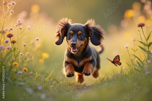 Playful dachshund puppy leaps through wildflowers, joyful summer